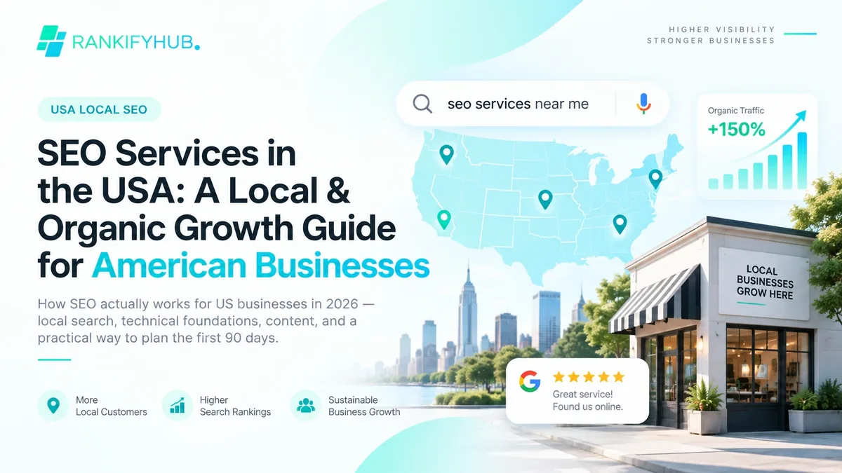SEO services in the USA — a national map with local search pins, a "seo services near me" search bar, and a Google review card illustrating local and organic search visibility for American businesses